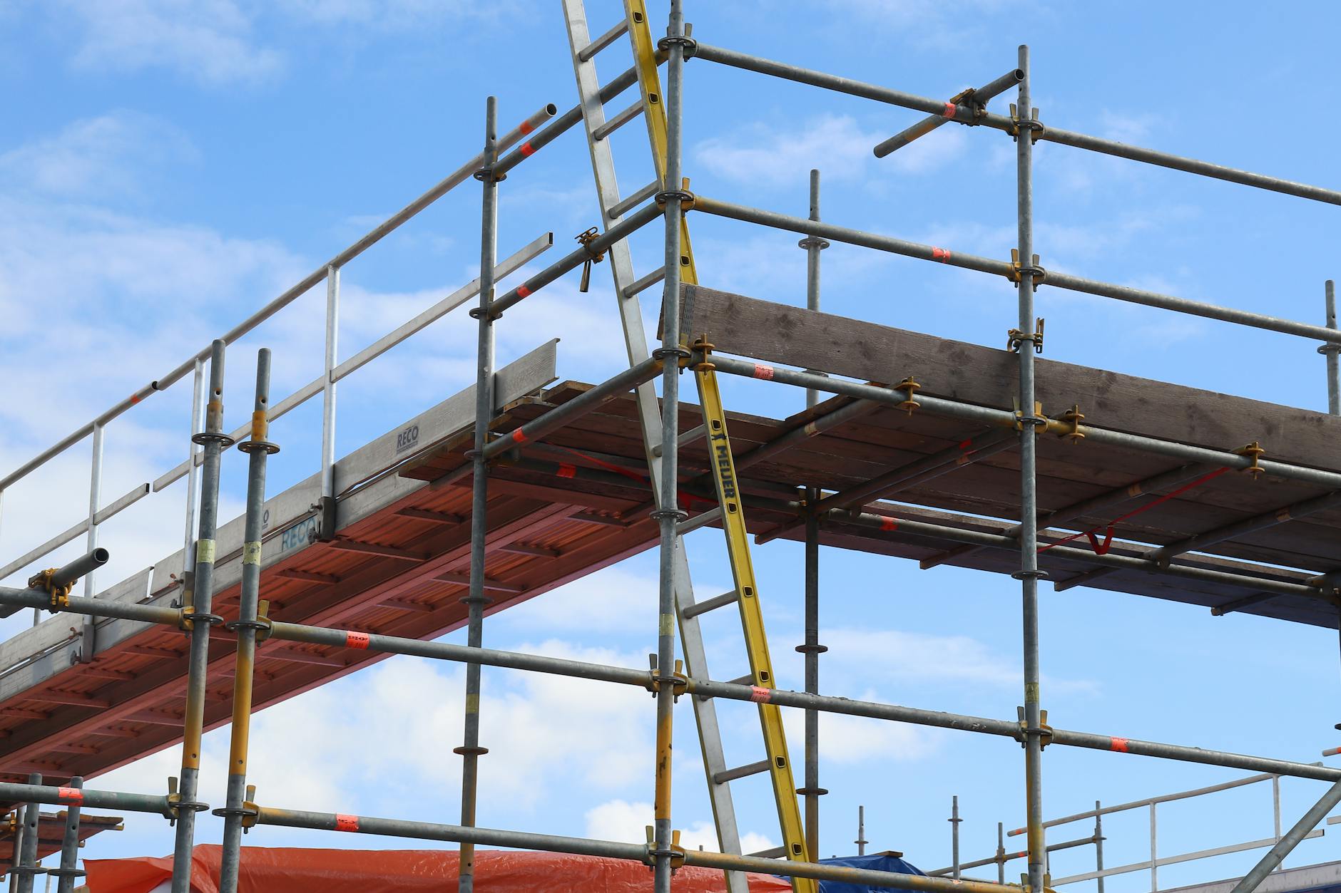 Scaffolding and safety equipment on a UK construction site