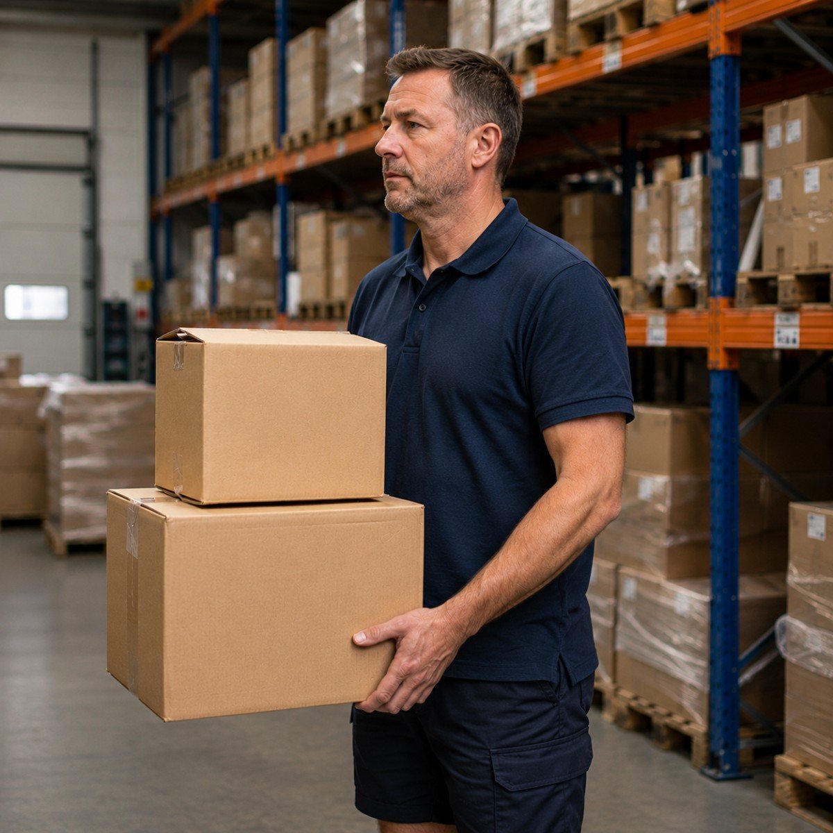 Worker lifting a box safely in a Cumbria warehouse during a manual handling training session