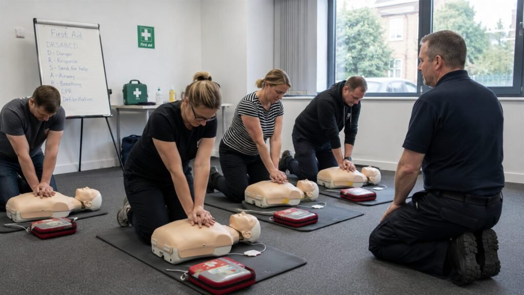 First aid training session with a defibrillator in a UK training room
